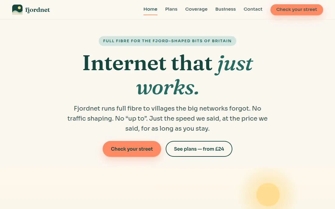Home page of the Fjordnet demonstration site, built by OD3X Growth for a fictional telecoms company
