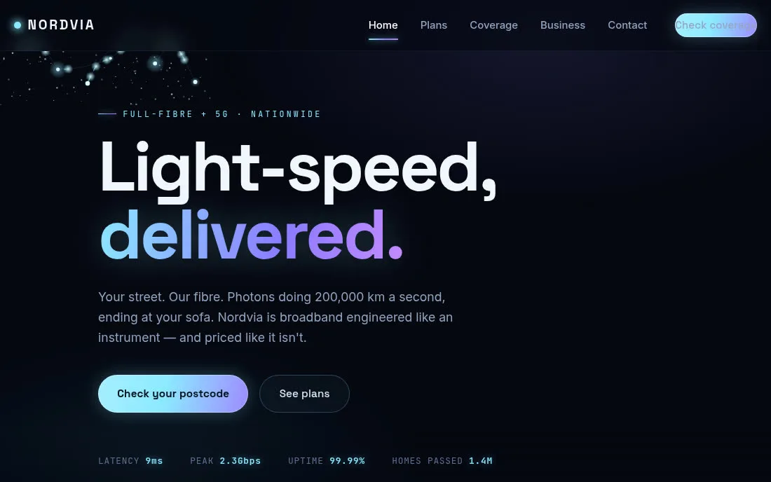 Home page of the Nordvia demonstration site, built by OD3X Growth for a fictional telecoms company