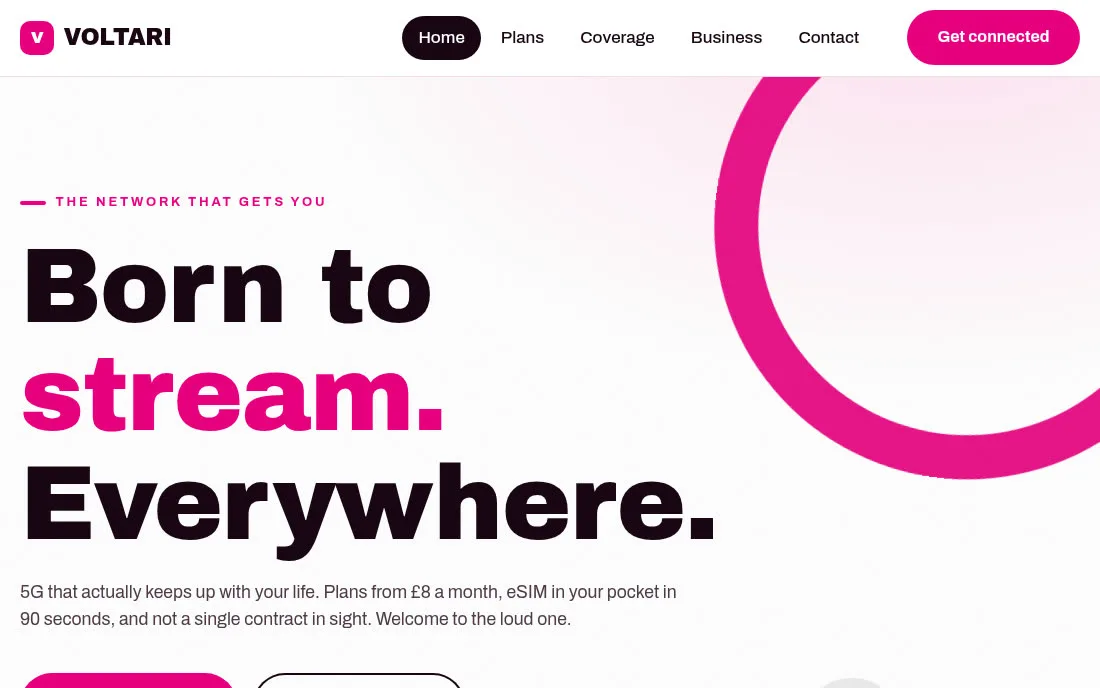 Home page of the Voltari demonstration site, built by OD3X Growth for a fictional telecoms company