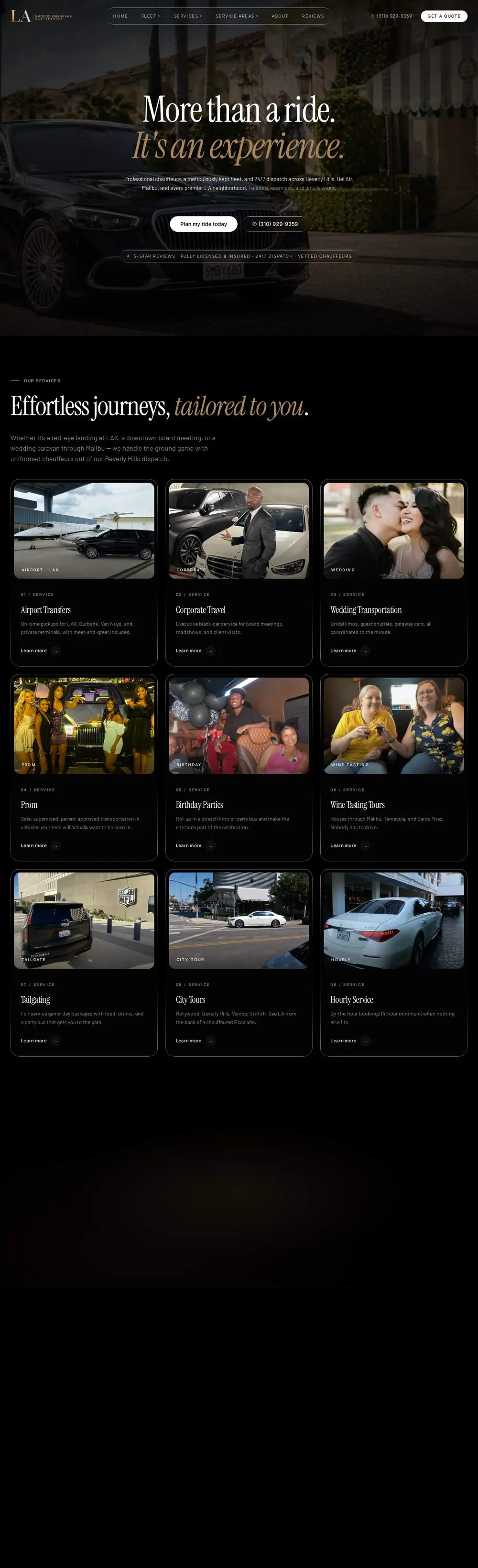 LA Groundbreakers website, Luxury chauffeur, Los Angeles: full home page