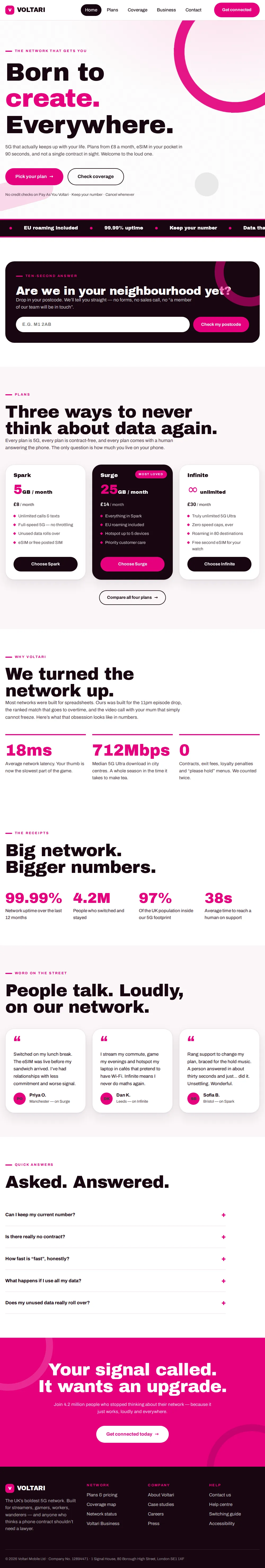 Voltari website, 5G mobile network: full home page
